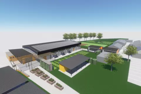 Eine 3D-Abbildung zeigt die geplante Gemeinschaftshalle an der Grundschule im Walmer Township